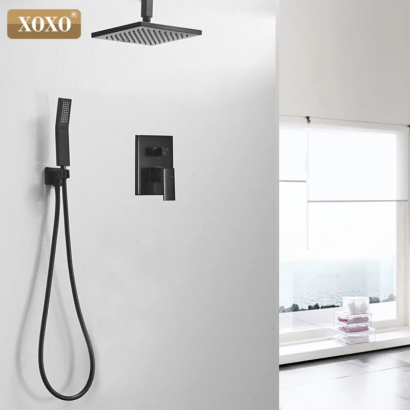  XOXO Brass Black Shower Set Bathroom Faucet Ceiling Or Wall Shower Mounted Shower Arm Diverter Mixe