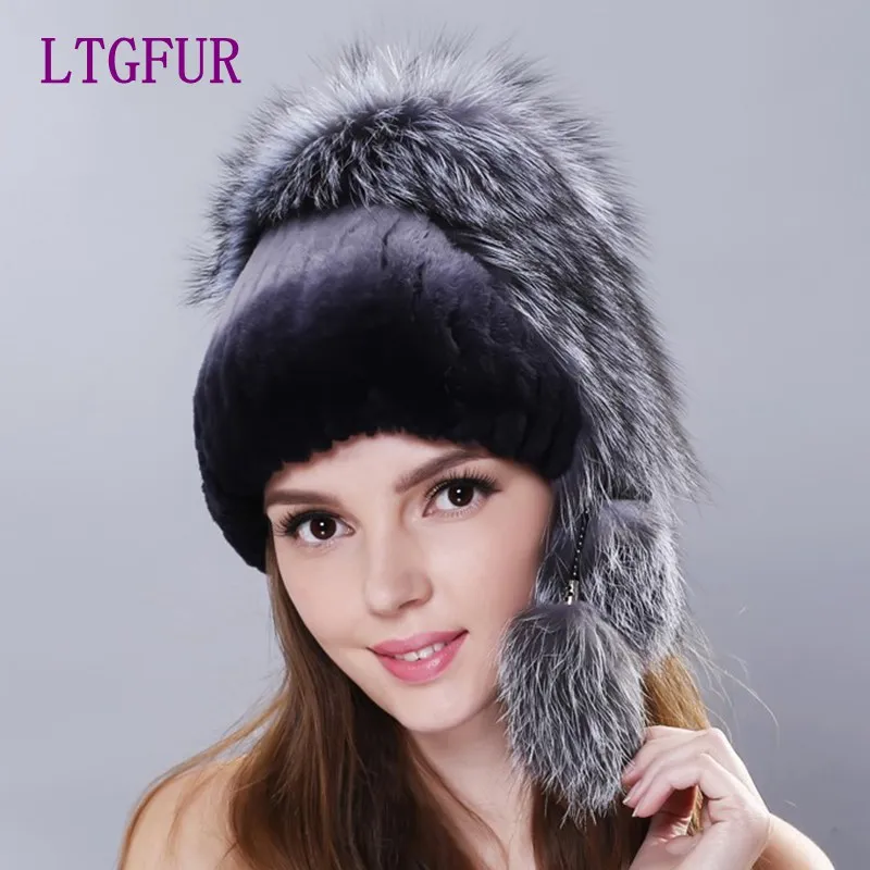

LTGFUR Winter woman rex rabbit fur hat with whole fox fur top 2018 new knit fur hats elastic high quality women cap