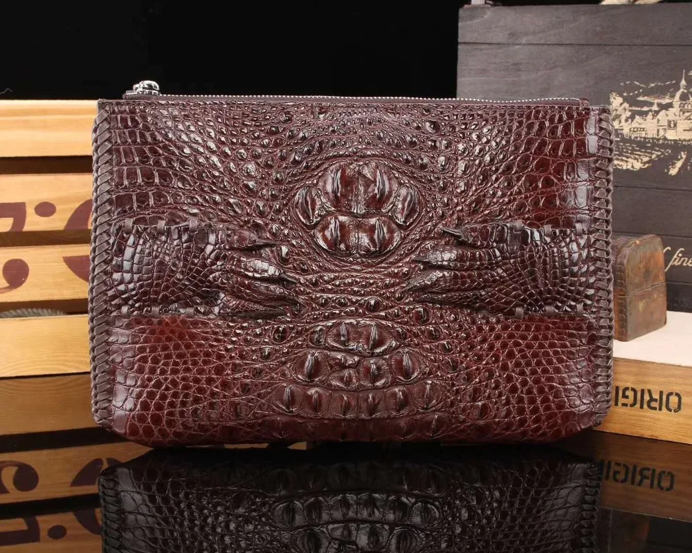 

Top quality genuine real crocodile head skin big size men clutch bag bank credit card money cash coin holder and case fast ship