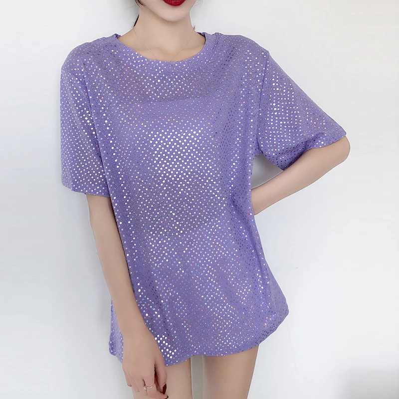

2019 summer style stylish bright tops shiny Diamonds loose short sleeve t-shirt sexy club aesthetic harajuku women tshirt