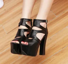 14CM thick with sandals Summer new fish head shoes Waterproof belt buckle hollow ultra-high heel shoes nightclub