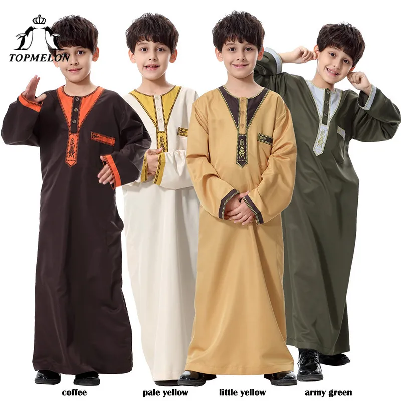 

TOPMELON Kids Abaya Muslim Traditional Costume for Boys Long Sleeve Hijabs Dress with Pocket Children Islamic Clothing