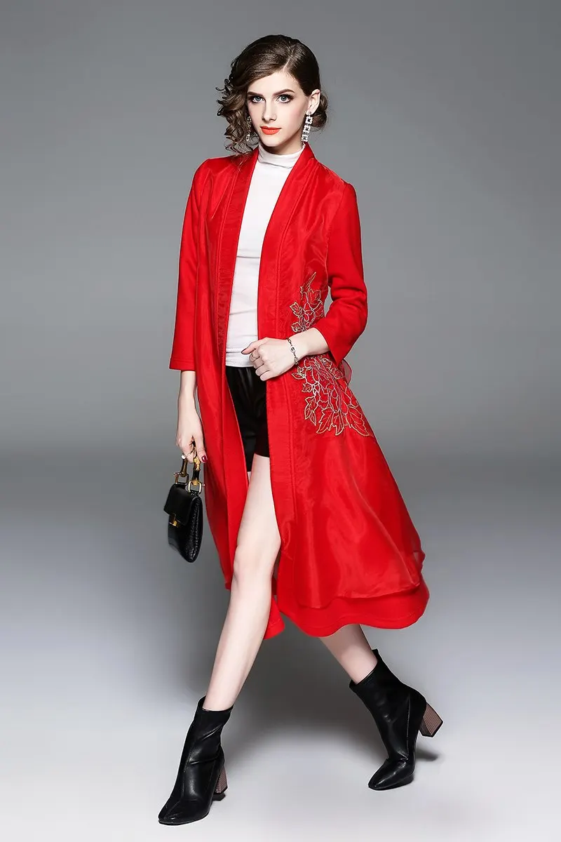 Женское зимнее длинное пальто из органзы с цветочной вышивкой, высокое качество, элегантное женское пальто-кардиган средней длины с v-образным вырезом