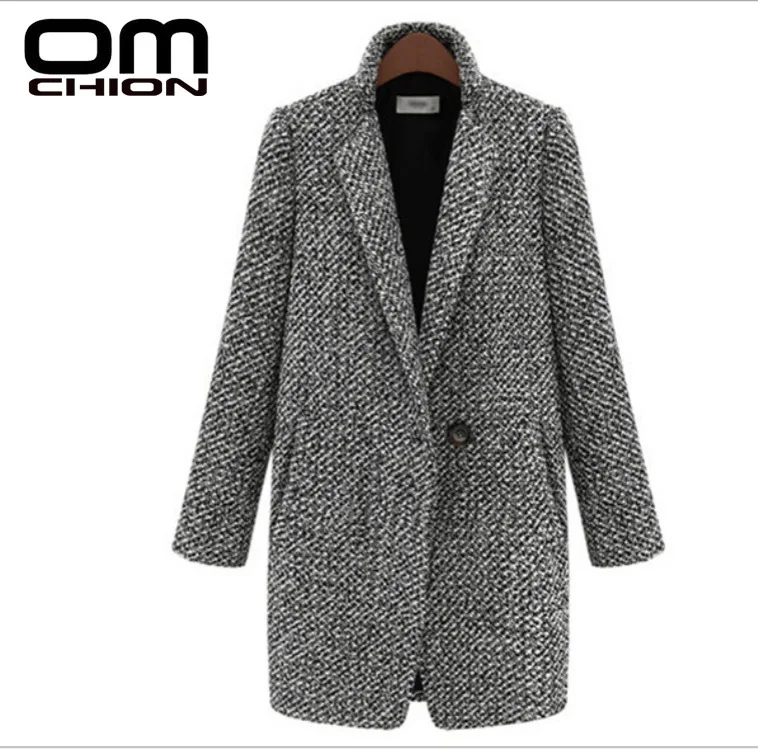 

OMCHION 2019 Autumn Winter Coat Women Casual Wool Jacket Houndstooth Turn-down Collar Long Sleeve Outwear Casaco Feminino LJK08