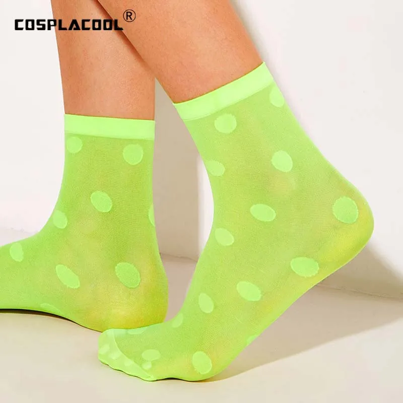 [COSPLACOOL] блестящие зеленые прозрачные носки с бантиком ультра-тонкие кружевные стеклянные носки женские шелковые сексуальные носки в горошек Harajuku