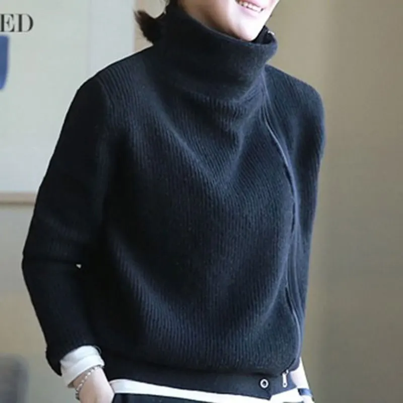 Новые осенние зимние корейские модные женские водолазки свободные кардиганы на молнии женские повседневные трикотажные пальто Теплый свитер плюс размер D138