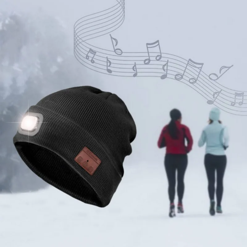 4 High Brightness LED Bluetooth Headphone Beanie Hat Outdoor Sports Wireless Headset Rechargeable Headlamp Cap with Mic
