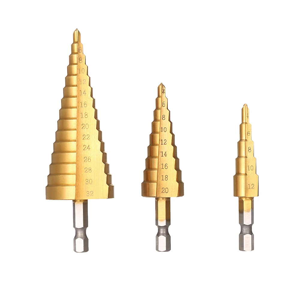 3pcs HSS Titanium Coated Straight Flute Step Drill Bits Pagoda Drill