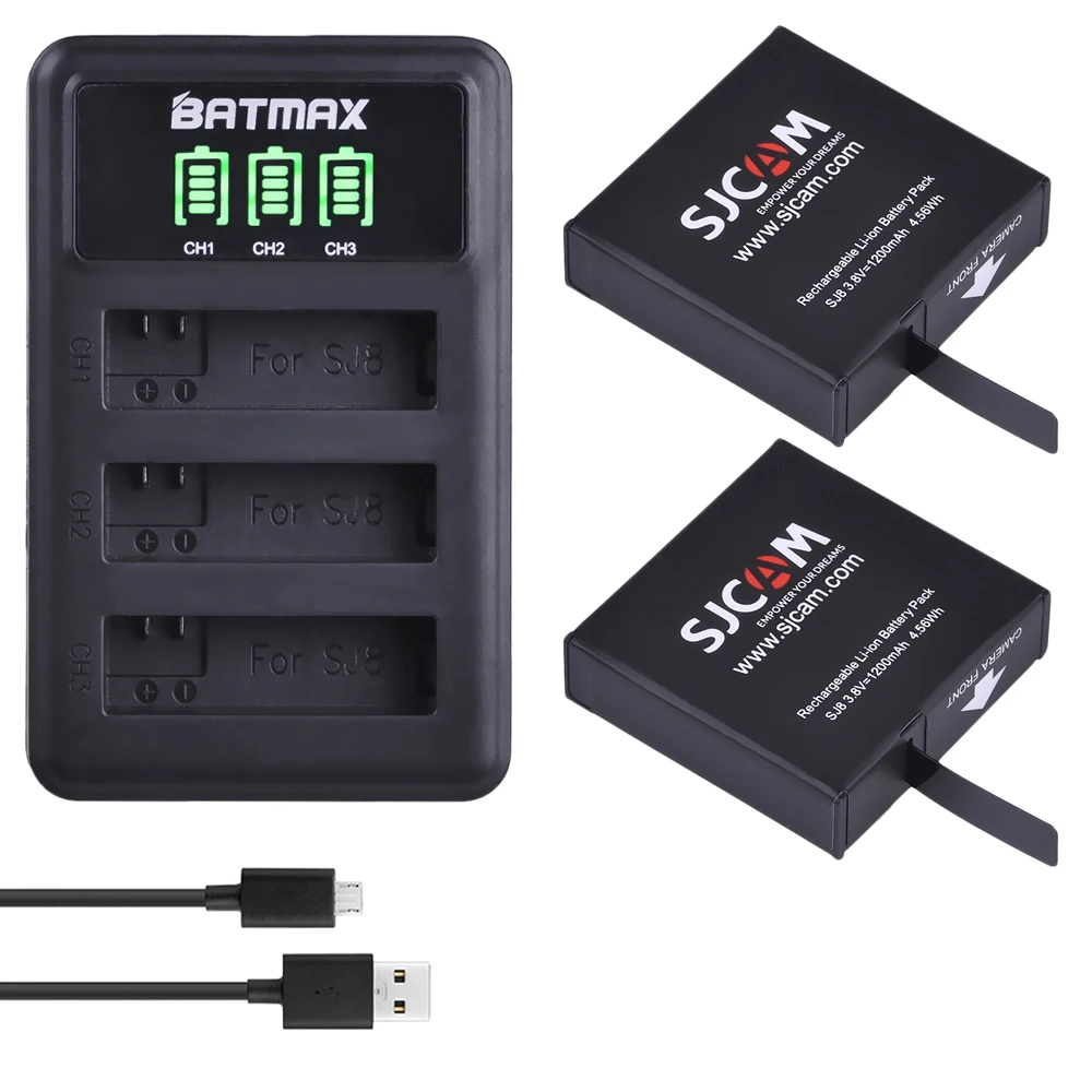 Kaufen 2 stücke Original SJCAM SJ8 Batterie 1200 mah Li Ion Akku + LED 3 Slots USB Ladegerät für SJCAM SJ8 action Kamera