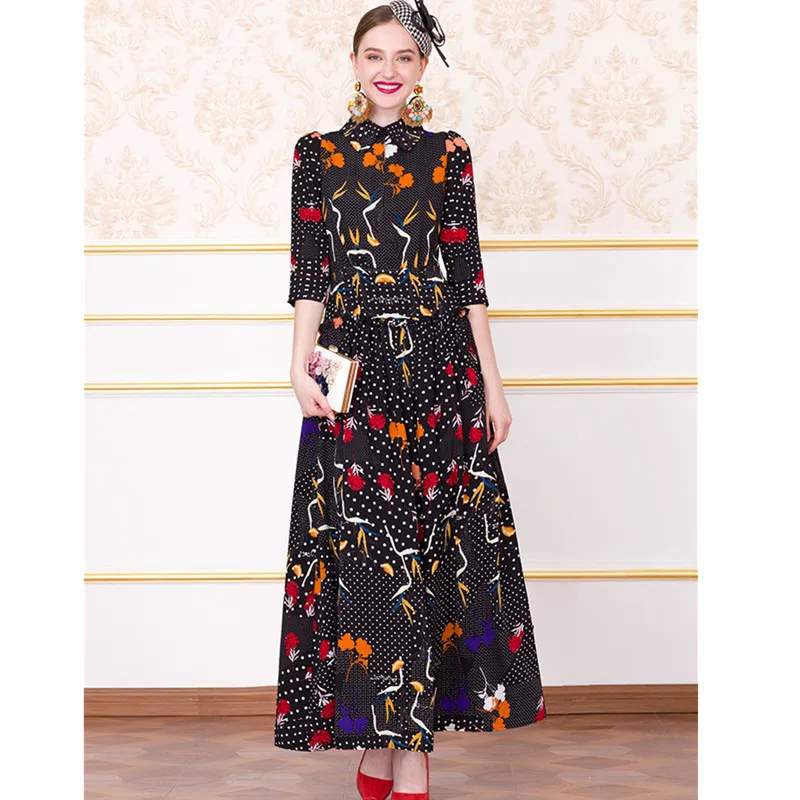 

Autumn Long Dress 2019 Women half sleeve Turn Down Collar Floral A-line Maxi Elegant Party Formal Dresses Plus size M-4XL