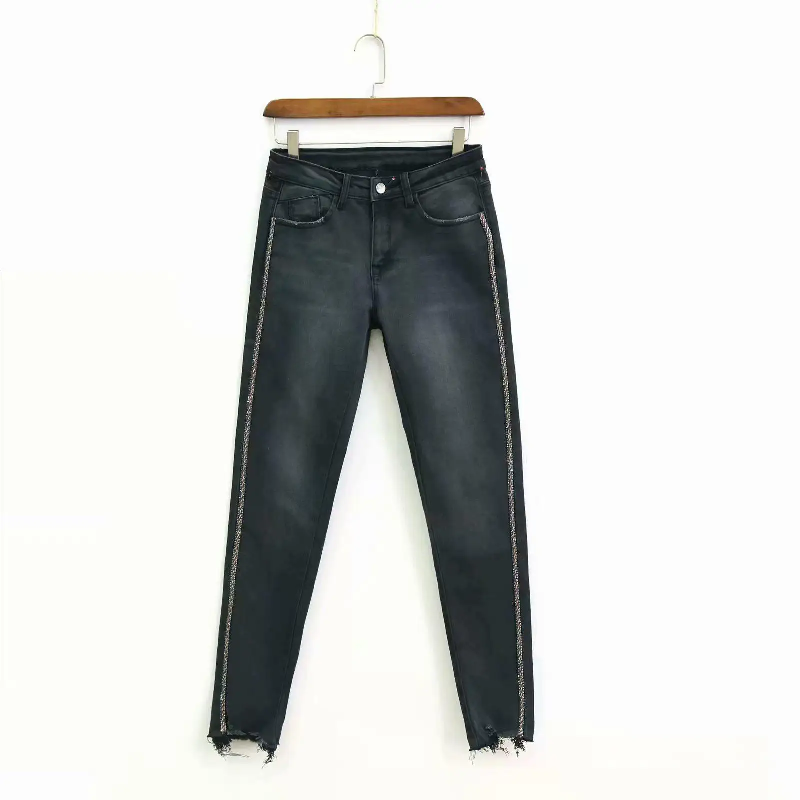 Джинсы женские высокие уличные заусенцы тонкие прямые Elas пуш-ап эластичный обтягивающие полосатые джинсы бойфренды длинные брюки Прямая - Цвет: Черный
