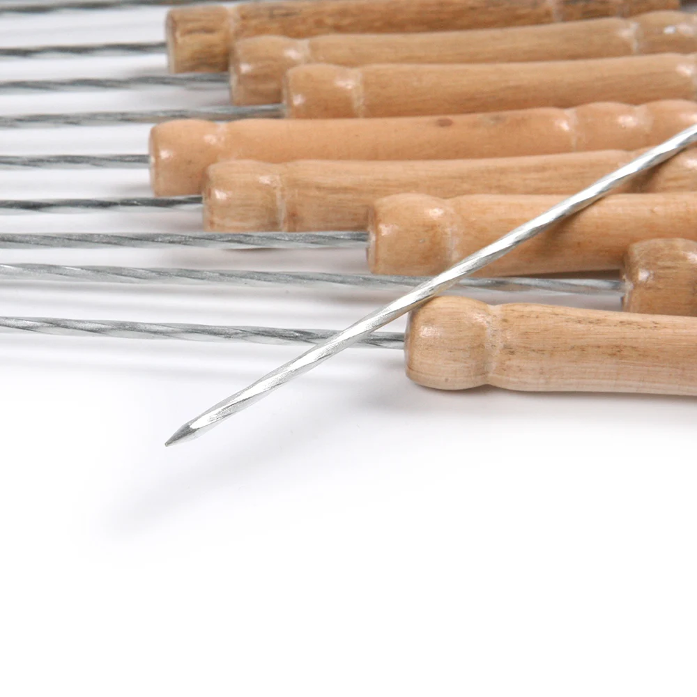 

Best selling 2019 products 12pc Stainless Steel Outdoor BBQ Skewers Barbeque Kabob Needle Stick Wood Handle Kebab Maker