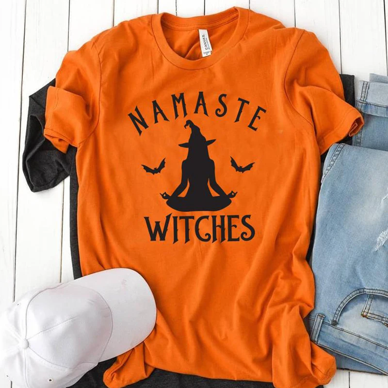 Namaste ведьмы Графические футболки для женщин Хэллоуин футболка медитировать смешные футболки уличная хипстерские футболки хлопковые топы для девочек Прямая поставка