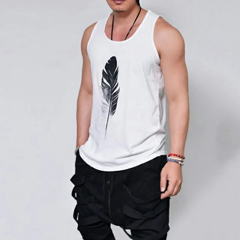 

1pc New Feather Print Casual Vest Tops Men O-Neck Tank Tops Boy Tee Shirt Fashion Sleeveless Vest For Male Plus Size