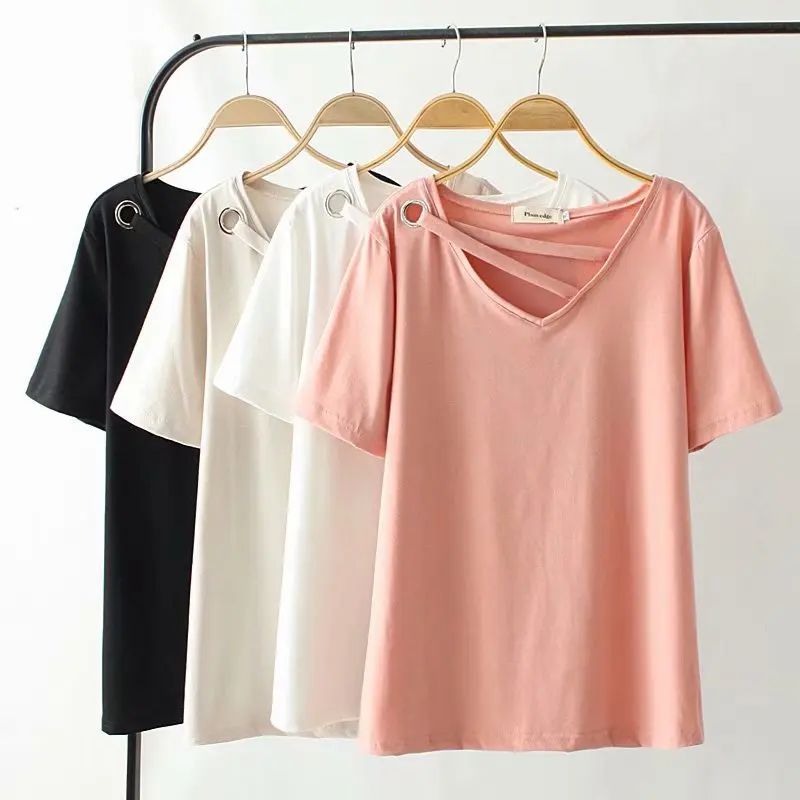 

2019 Plus Size Casual T-shirts Spring Women Clothing Fashion Loose Short Sleeve Tops F71-HT7033