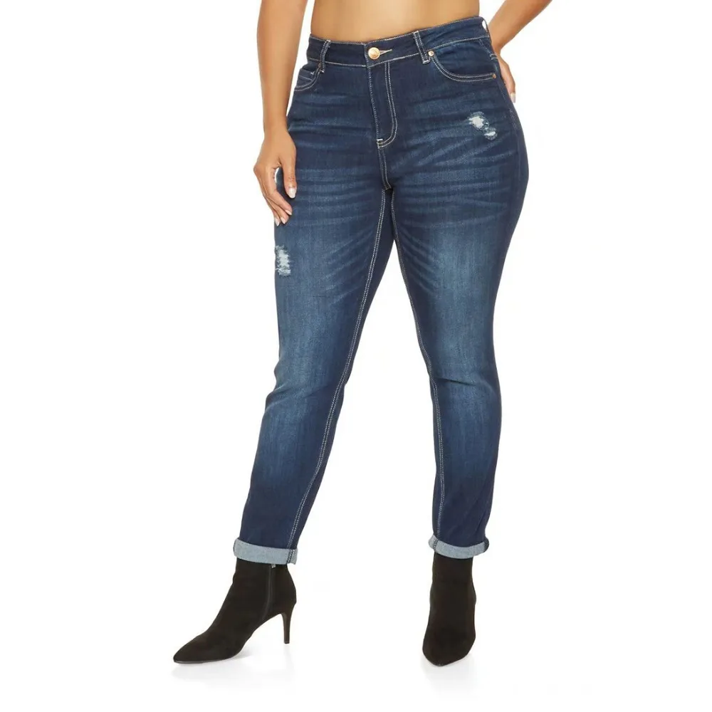 Плюс размер рваные джинсы Для женщин Высокая Талия обтягивающие джинсовые штаны Для женщин стрейч с эластичной талией потертые джинсы Для