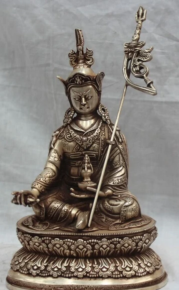 

JP S0524 11"Tibet Tibetan Buddhism Silver Seat Guru Padmasambhava Rinpoche Buddha Statue