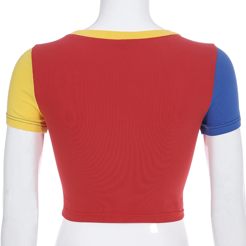 Waatfaak контрастная красная Лоскутная футболка с коротким рукавом женская летняя уличная футболка с карманом Повседневная хлопковая Футболка кроп-топы