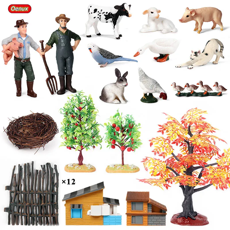 Oenux 29 шт., фигурки для сельскохозяйственных животных, миниатюрная фигурка фермера, птицы, коровы, курицы, утки, свиньи, прекрасная образовательная игрушка для детей