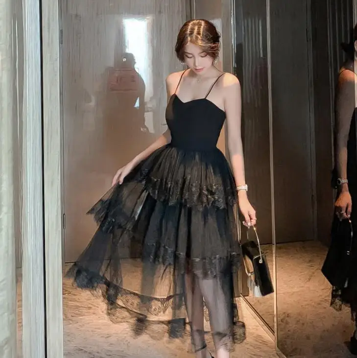 

Black Spaghetti Strap Midi Dress Women Elegant Lace Patchwork Tutu Lace Party Dress Fasion Women Summer Dress Vestidos De Festa