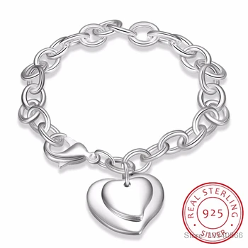 

LEKANI New 925 Sterling Silver Jewelry Bracelet Silver 925 Jewelry Double Heart Bracelets for Women Charm Bracelets & Bangles