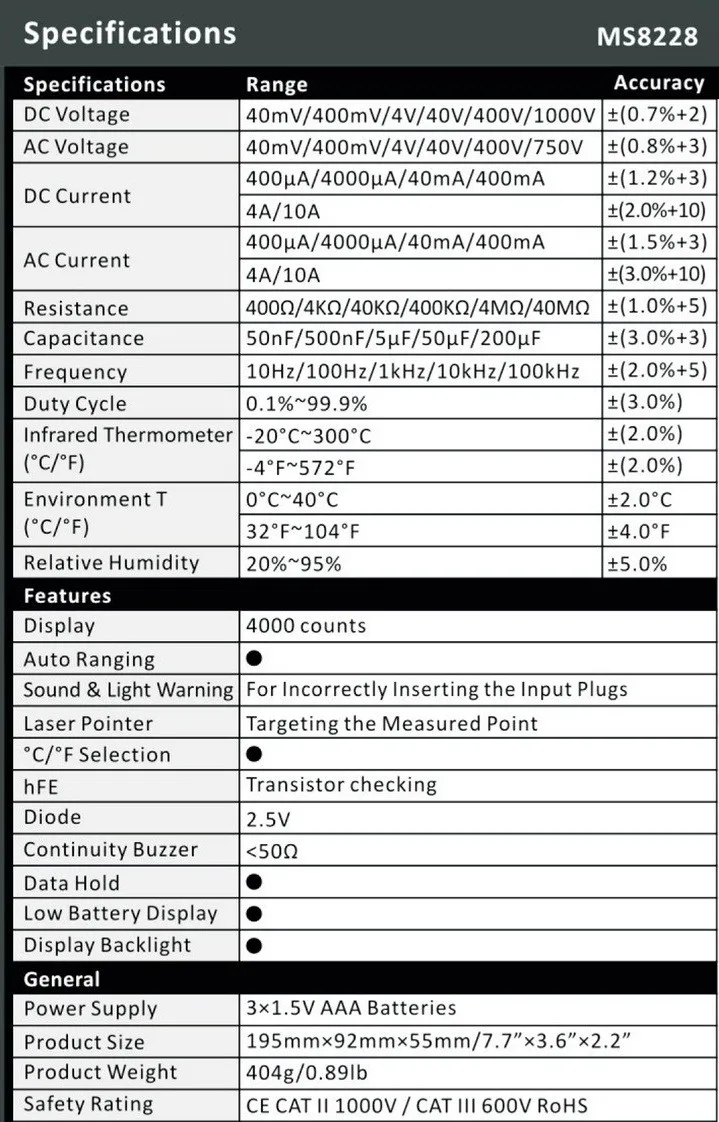 MASTECH MS8228 Автоматический диапазон 4000 отсчетов Цифровой мультиметр многофункциональный инфракрасный термометр экологический гигрометр метр