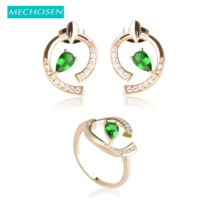 

MECHOSEN Simple Copper Jewelry Sets For Women Cubic Zirconia Stud Earrings Ring Set Gold Color Green Crystal Brincos Aneis Mujer