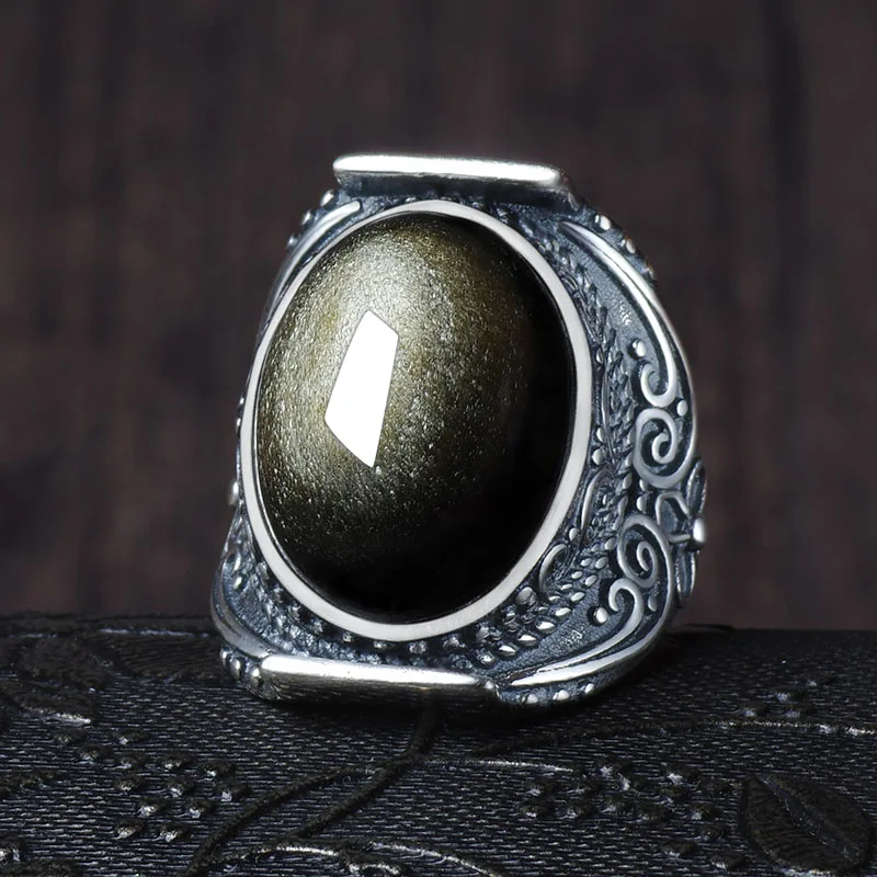 Свадебные кольца серебрянное кольцо с Синим Опалом Masculino Obsidian воздействие мужское кольцо S925 мозаика и золотой открытый палец рот отрегулировать мужчин t