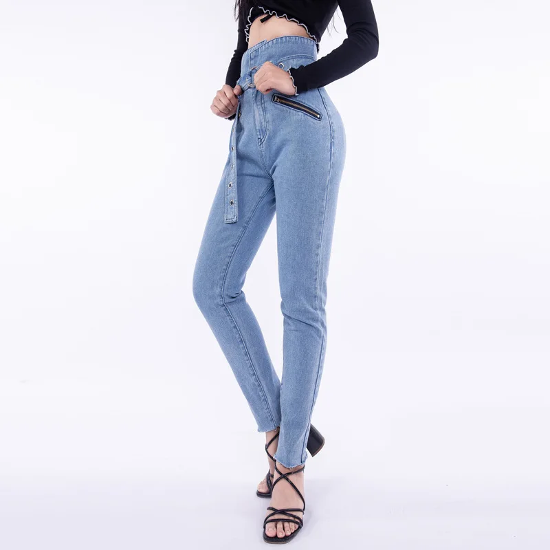 Летние джинсы женские 2019 уличные джинсы женские с высокой талией декоративные карманные узкие брюки ремень штаны с низкой посадкой