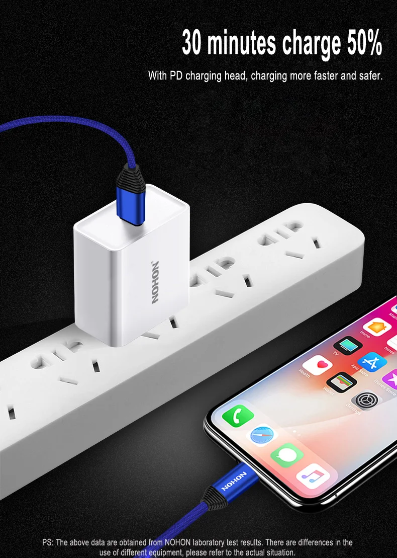 NOHON usb type C 18 Вт PD кабель для быстрой зарядки для iPhone X 8 8 Plus, нейлоновый USB-C кабель для зарядки телефона, двусторонний кабель для синхронизации данных