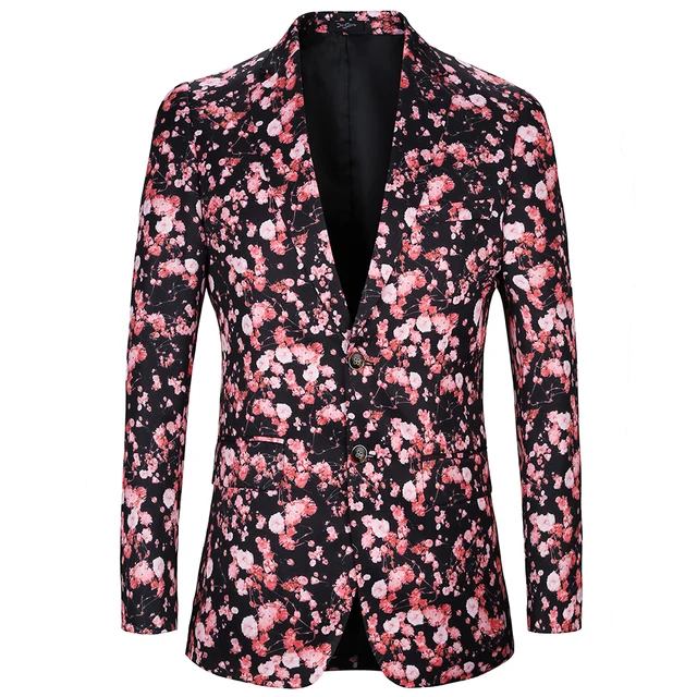 Elegant Men Suit Jacket Black Spring Cherry blossoms printing Floral