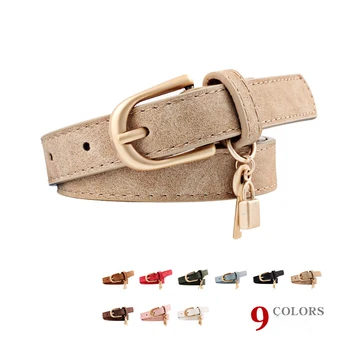 

Winfox Casual Thin Black White Brown Narrow PU Leather Jeans Belt For Women Alloy Gold Pin Buckle Waistband Belts With Pendan