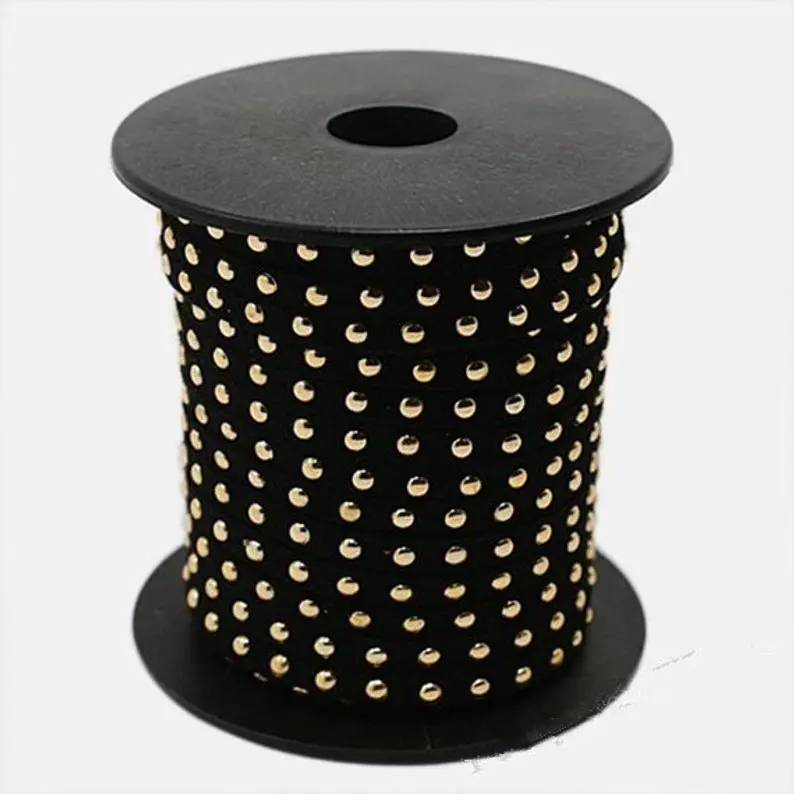 

20Yds Black Suede Cord,Microfiber Faux Cord,Gold Studded Suede Cord,Gold Riveted Cord,5mmx2mm,Bracelet Necklace Jewelry Making