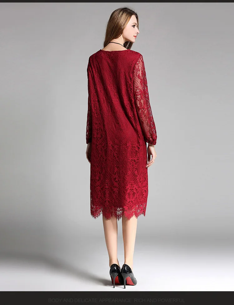 Autumn new Plus size Lace dresses Long sleeve hollow lace Elegant dress O Neck high waist women's clothing Oversized Black red