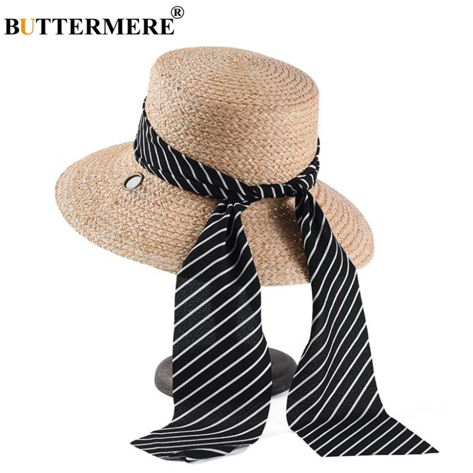 

BUTTERMERE Sun Hat High Fashion Boater Straw Hats For Women Summer Beach Self Tie Wide Brim Raffia Brand Ladies Sun Hats