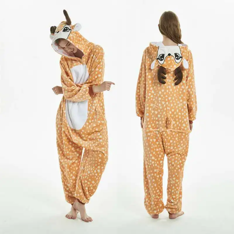 Cosplay Costume Flannel Pajamas Adults Anime Animal Onesies Sleepwear Kigurumi Women Men Unicorn Stitch Pikachu Winter Pajamas - Цвет: deer