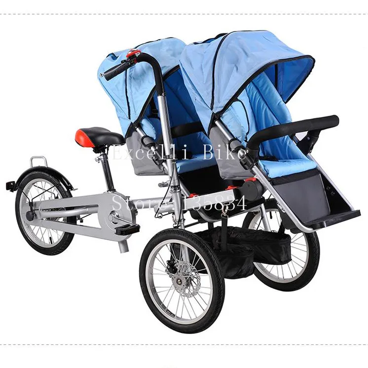 Execelli Folding Mother Bicycle 2 Baby Seats 3 in 1 Mother Bike Baby Strollers Double Seats+ 2 Rain Cover Convertible Pushchair