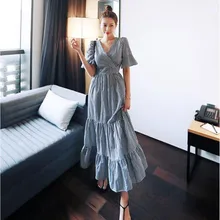 Летнее женское платье с оборками, рукав до локтя, v-образный вырез, Корея, элегантный чехол, зернистый крест, клетчатое длинное большое платье-маятник