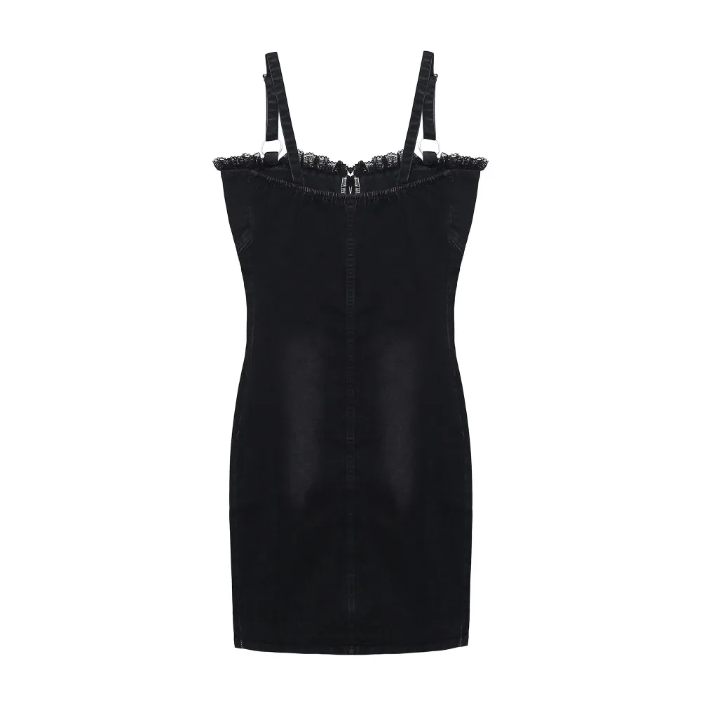 Sexy Denim Dress Women Casual Lace Patchwork Spaghetti Strap Sleeveless Slim Jeans Dresses Summer Mini Party Vestidos