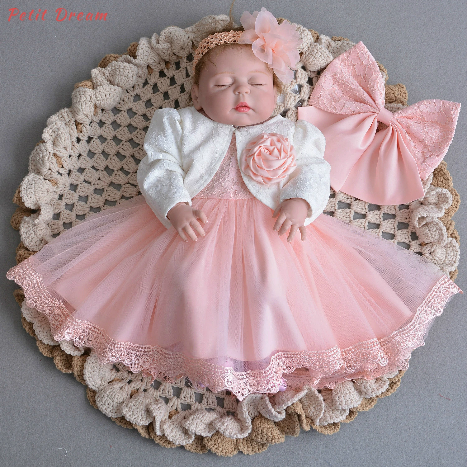 

Petit Dream Peach Lace Flower Baby Girls Birthday Dresses Autumn Winter New Baby Princess Dress for Wedding Party Baby Clothes