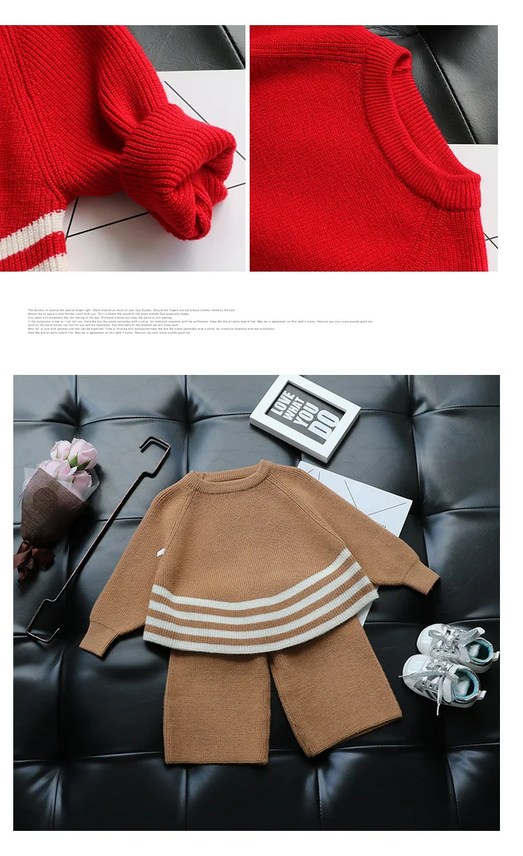Новые весенне-осенние комплекты для детей, пуловер, топы и широкие штаны, 2 предмета для девочек, мягкий теплый вязаный свитер в полоску