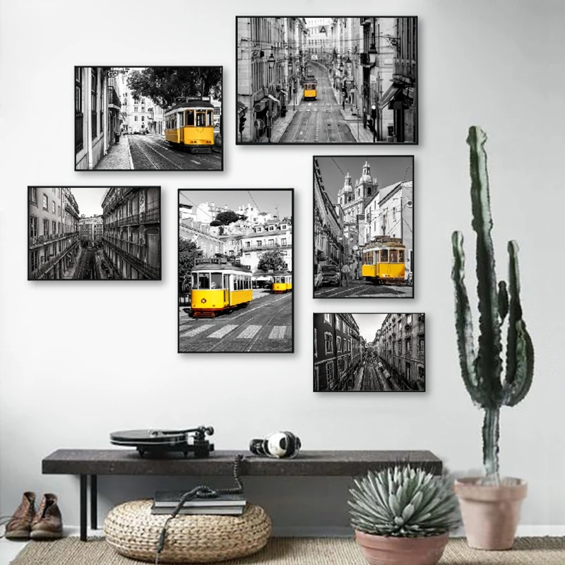 Historic Architectural Yellow Tram Portugal Canvas Painting Home Decoration