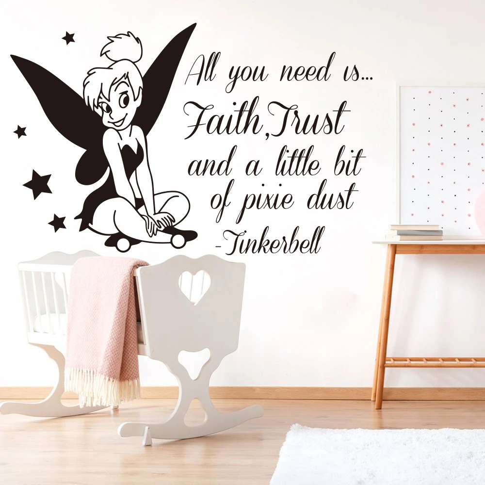 Tinkerbell Autocollant Mural En Vinyle Pour Chambre A Coucher Citation De Tink Faith Et Pixie Dust Hibiscus Aliexpress