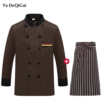 

Long Sleeved Restaurant Chef uniforms Kitchen cooking Jacket + Apron men and women catering waiter Workwear unisex chef jacket