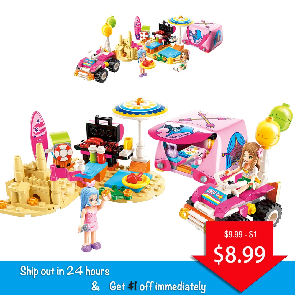

Qman Fit Friends Shirley Cherry Beach Camping Set Tent Figures Educational Building Blocks Toy for Children Girl Gifts