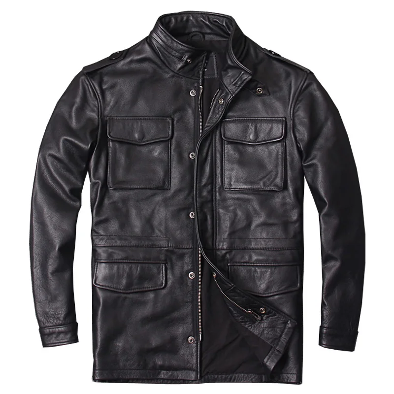 

2019 Men Long M65 Leather Jacket Men Black Plus Size XXXXXXL Genuine Thick Cowhide Military Winter Leather Jacket FREE SHIPPING