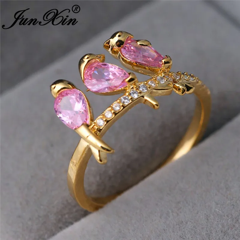 JUNXIN Cute Animal Pink Birds Rings For Women Yellow Gold Filled Red Stone Green Purple Zircon Birthstone Ring Female Wedding