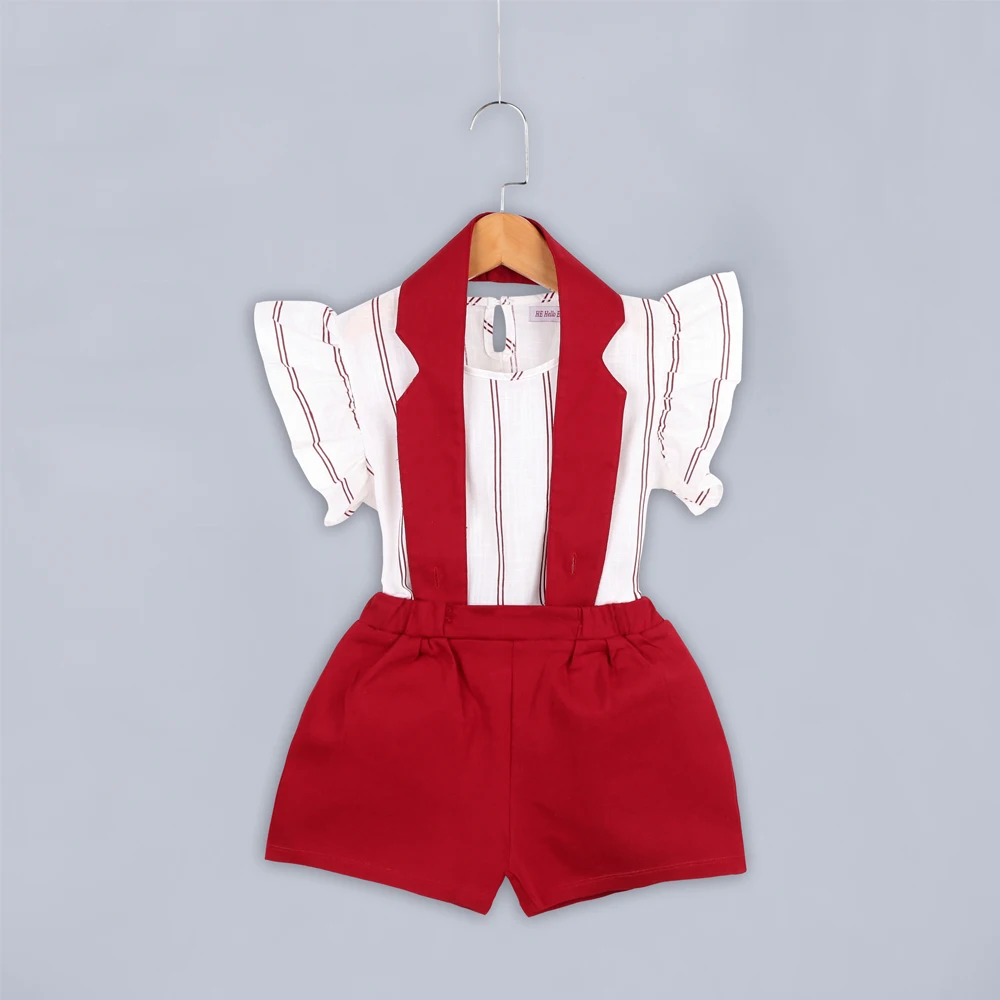 

2019 Summer New Color Vertical Strips Flying Sleeves T-shirt + Hanging Neck Bib Two-Piece Girls Fashion Suit Explosion Models