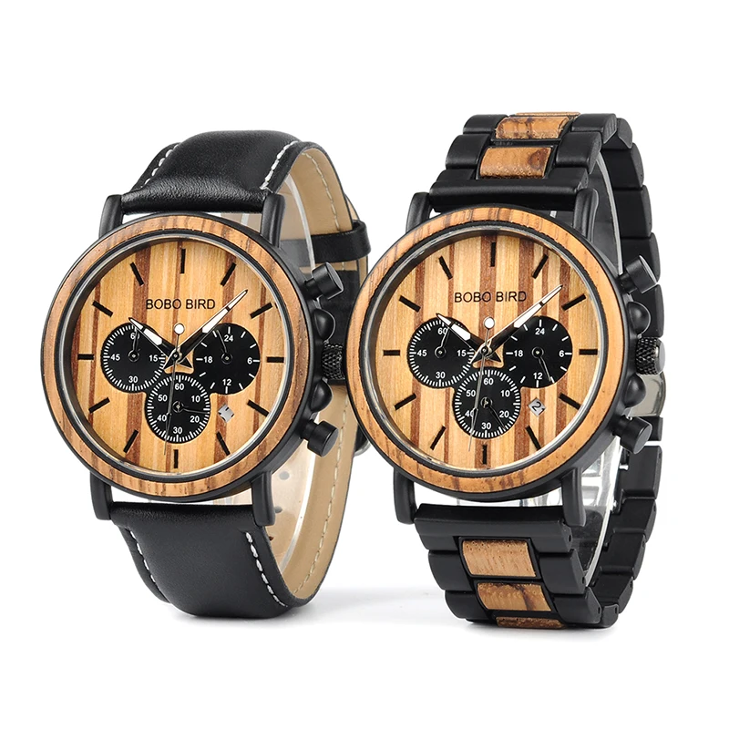 BOBO BIRD P09 Wood and Stainless Steel Watches Luminous Hands Stop Watch Mens Quartz Wristwatches in Wooden Box dropshipping