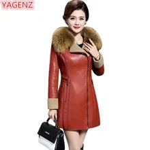 Фотография YAGENZ Women Leather Jacket High-quality Women Fur collar Long Coat Large size 5XL Winter Jacket Women Black Leather Jackets 722